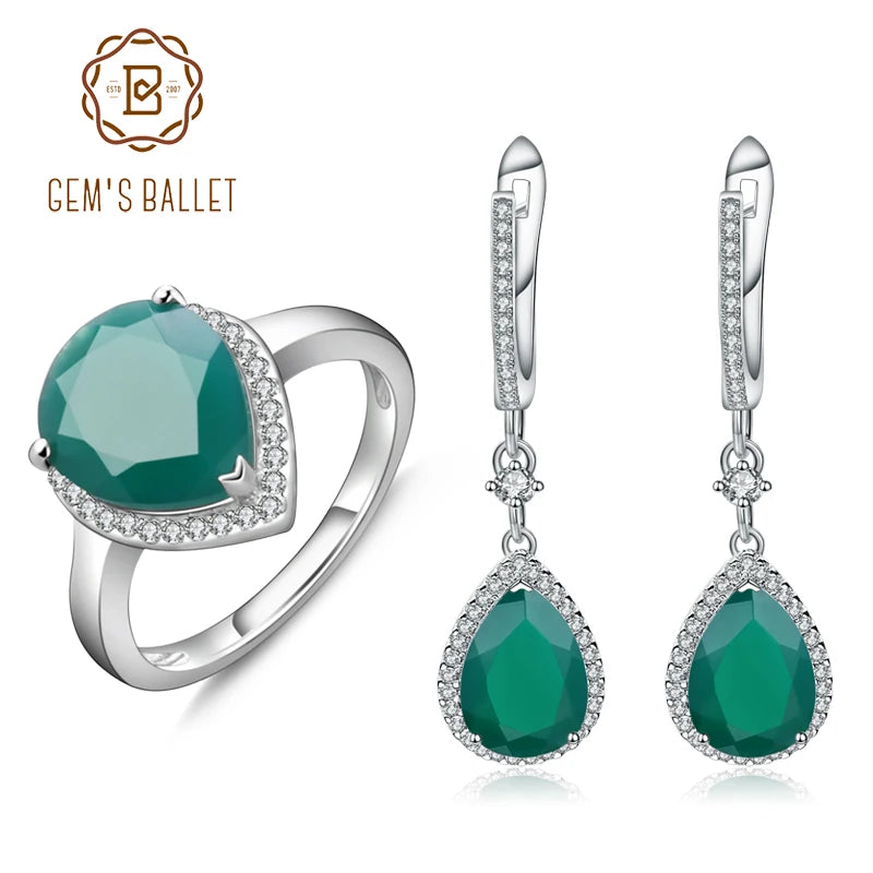 GEM'S BALLET Solid 925 Sterling Silver Gemstone Earrings Ring Set Natural Green Agate Jewelry Set For Women Vintage Fine Jewelry