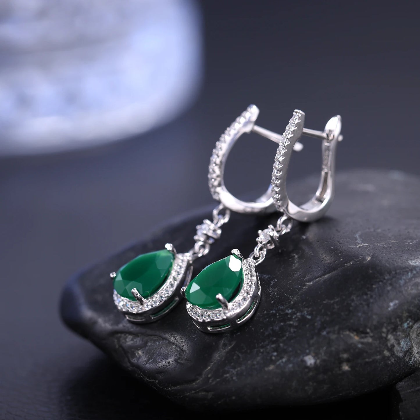 GEM'S BALLET Solid 925 Sterling Silver Gemstone Earrings Ring Set Natural Green Agate Jewelry Set For Women Vintage Fine Jewelry